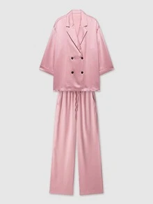 2 Pieces Textured Loose Solid Color Double-Breasted Blazer And Pockets Suit Pants Elegant Suit Set - Pink - View 3