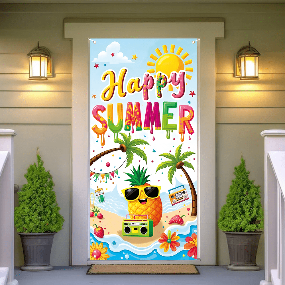 1pc Happy Summer Photography Prop Backdrop Banner - Polyester | Pineapple Beach Joyful Background | Suitable For Indoor/Outdoor Party Decor, Home Decor, Holiday Party Supplies, Summer Party Decoration Birthday Decorations Tapestry Room Decor Flag Party Decorations