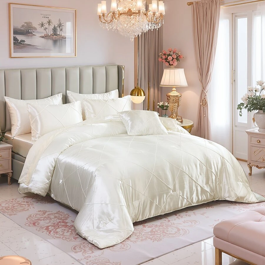 White Satin Queen Comforter Set With Sheet Set Silk Like Satin Bedding Set Geometric Plaid Pinch Pleat Luxury Bedding Comforter 8 Pieces Satin Bed Set For Women And Females Bedroom Decor With 1 Comforter  4 Pillowcases 1 Flat Shhet 1 Fitted Sheet 1 Cushion Cover - 白色 - 查看 1