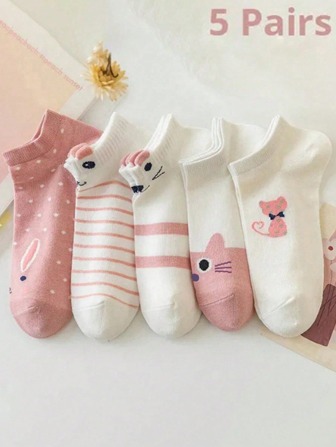 5 Pairs Women's Cartoon Short Cute Socks Pink Cat Thin Four Seasons Boat Socks Sweat-Absorbing Breathable Casual Socks