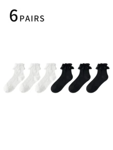6 Pairs Of Women's Soft Lace Mid-Calf Socks, Athletic Socks Stylish And Cute Everyday Fashion For Spring/Summer, Perfect For Back To School And Valentine's Day - Multicolor - View 8