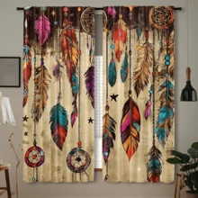 2pcs Vintage Boho Style Feather Window Curtains - Dreamcatcher & Turquoise Design, Rod Pocket, Suitable For Bedroom, Living Room, Kitchen, Office - Washable Polyester Fabric, Semi-Sheer, Perfect Home Decor, Living Room Curtains - Multicolor - View 2