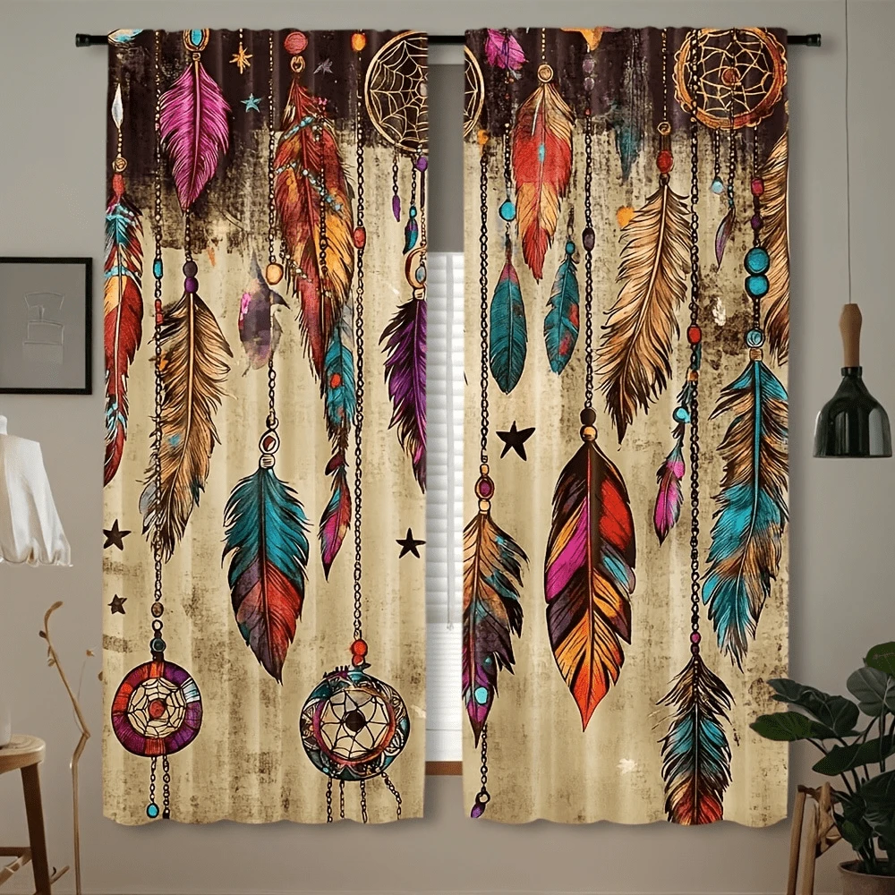 2pcs Vintage Boho Style Feather Window Curtains - Dreamcatcher & Turquoise Design, Rod Pocket, Suitable For Bedroom, Living Room, Kitchen, Office - Washable Polyester Fabric, Semi-Sheer, Perfect Home Decor, Living Room Curtains