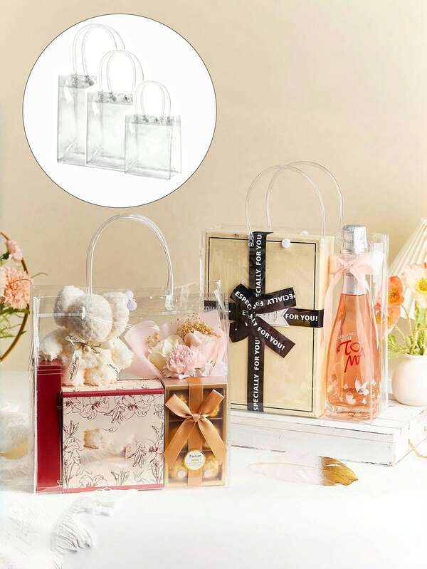 5pcs/10pcs Clear PVC Gift Bags With Handles Party Favor Bags Transparent Party Favour Plastic Gift Bags Clear Mini Tote Goodie Bag Bulk PVC Plastic Bags With Handles For Gifts