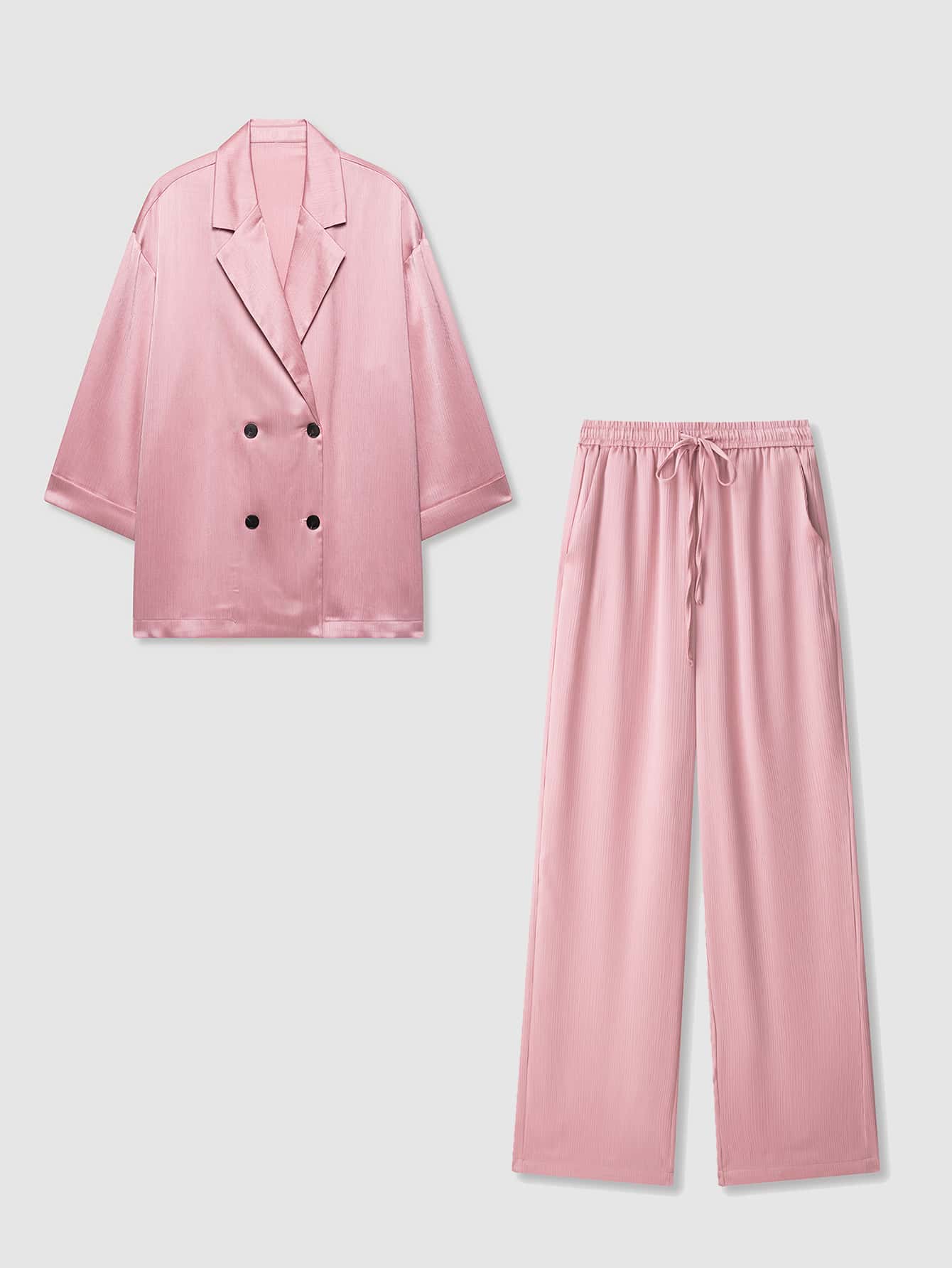 2 Pieces Textured Loose Solid Color Double-Breasted Blazer And Pockets Suit Pants Elegant Suit Set - Pink - View 1