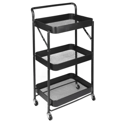 3 Tier Rolling Cart Metal Folding Trolley Cart Multi-Functional Storage Cart Rack Shelf With Wheel Cubby Shelf Organizer Black White For Home Library, Office, Office Supplies Bedroom Living Room Organizer