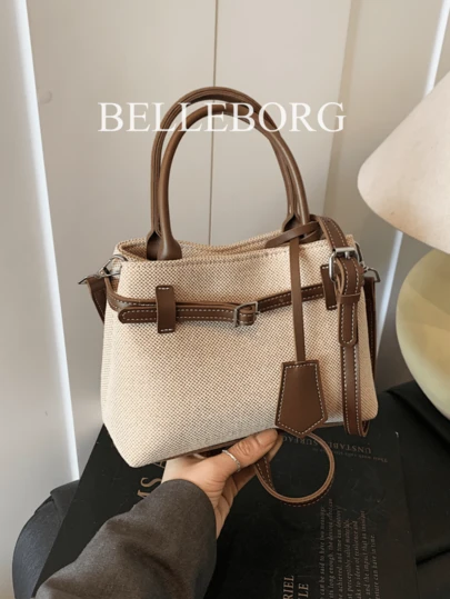 BELLEBORG High-Quality Casual Color Block Retro Canvas Leather Buckle Tote Handbag, Versatile For Commuting Women