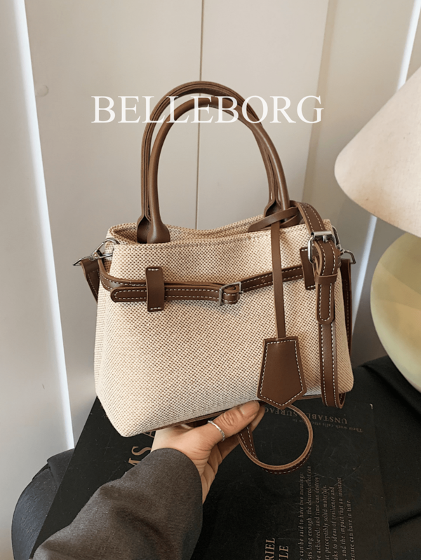 High-Quality Casual Color Block Retro Canvas Leather Buckle Tote Handbag, Versatile For Commuting Women