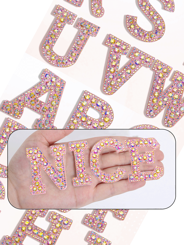26 Letras Inglesas Rosa Strass Patch Roupas Letras A-Z Pérola Terrazzo Decalque Costurado/Colado Patch Nome Faça Você Mesmo