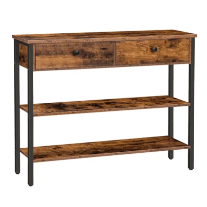 Rustic Brown Modern Console Table With 2 Drawers - Hallway, Sofa, Entryway Storage, Particleboard & Metal Frame, Easy Assembly, 100x24x80cm