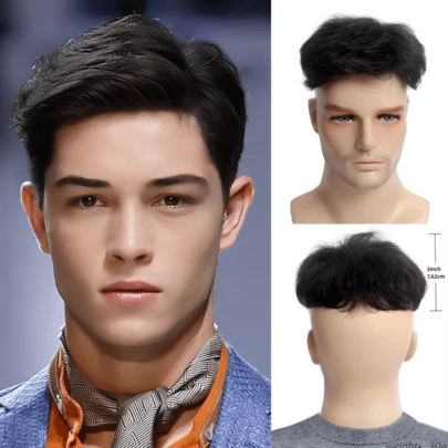 男士假发 男士黑色假发短卷发夹式接发遮盖脱发稀疏头发 REEWES 男士假发