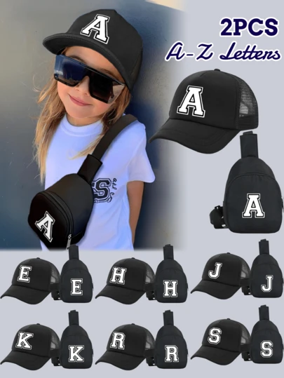 2pcs Kids' 26 Letters Print Truck Driver Cap & Crossbody Bag Set, Fashionable Casual Sun Hat, Portable Coin Purse Suitable For Boys & Girls Back To School Daily Wear