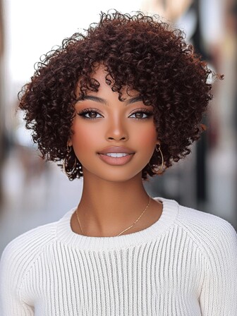 #4 棕色短卷发精灵假发 | 巴西雷米真人发 | 150% 密度 | 6 英寸自然黑色 | 无胶侧分 | 13x6x1 蕾丝前片 | 适合女性日常使用 | 不脱落 | 100% 真人发假发