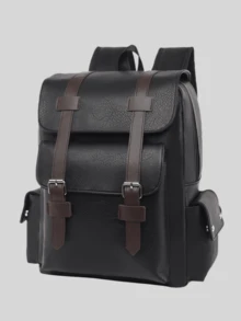 大号笔记本电脑背包男士 PU 皮革背包青少年男孩黑色书包办公配件 - 黑色 - 查看 7