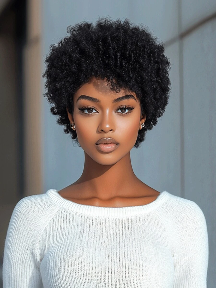 Lolely Dream Brasilianisches Jungfrau-Remy-Afro-Kinky-Lockenkopf-Perücke, vorgelockt, maschinengefertigt, kurzer Pixie-Cut, nahtlos, natürlich braun Bob mit Pony, in Schwarz, Rot und Braun, für sprunghafte, volle schwarze Kunstperlen-Haarkollektion, hitzebeständig, Salonqualität, sofort tragbar, ohne Haarausfall, bequem für den täglichen Gebrauch, limitierter Vorrat, schneller Versand, Premium Jungfrauenhaar