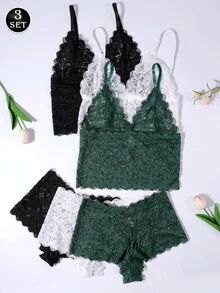 3SET Women's Long Non-Wired Lace Embroidered Flower Lingerie Bra Set - Multicolor - View 1