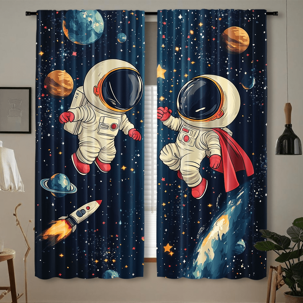 2 stuks ruimteastronaut raamgordijnen, 100-120 g polyester, roedezakgordijnen, eigentijdse stijl, lentesublimatieprint, seizoensgebonden, decoratief, zonder voering, voor slaapkamer en woonkamer