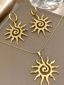 2 piezas/1 set Collar con colgante de tótem solar y aretes chapados en oro de 18K, de acero inoxidable vintage, adecuado para mujeres y niñas, regalo para la madre, Navidad, Acción de Gracias, Halloween, boda, fiesta de baile/reunión, diario/playa, accesorios, aniversario, San Valentín, joyería bohemia, cumpleaños, regalo para dama de honor - Multicolor - Ver 11