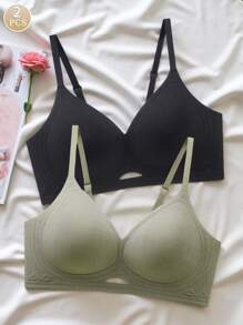 2 pezzi / Set Reggiseno senza cuciture push-up a colore unito, reggiseno sportivo minimale e confortevole che leviga la schiena, biancheria intima da donna