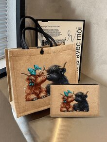 Adorable Highland Cow Printed Tote Bag, Large Capacity Tote Bag,Tote Bag And Makeup Pouch Set,Lightweight Large Capacity Tote Bag, Reusable Burlap Shopping Bag, Portable Travel Beach Bag With Makeup Bag, Travel Handbag For Holiday Vacation Weekend Getaway Short Trip,Personalized Birthday Gifts Present For Friend Her,Suitable For Weddings,Birthdays,Beaches,Holidays, Anniversary, Best Gift For Mother's Day