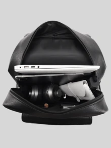 大号笔记本电脑背包男士 PU 皮革背包青少年男孩黑色书包办公配件 - 黑色 - 查看 5