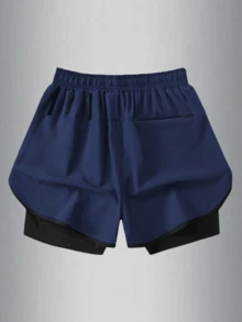 Men's Drawstring Waist Casual Sports Shorts, Fashionable 2 In 1 Design, Suitable For Spring/Summer Hiking, Cycling, Basketball, Running, And Indoor Winter Sports - Navy Blue - View 3