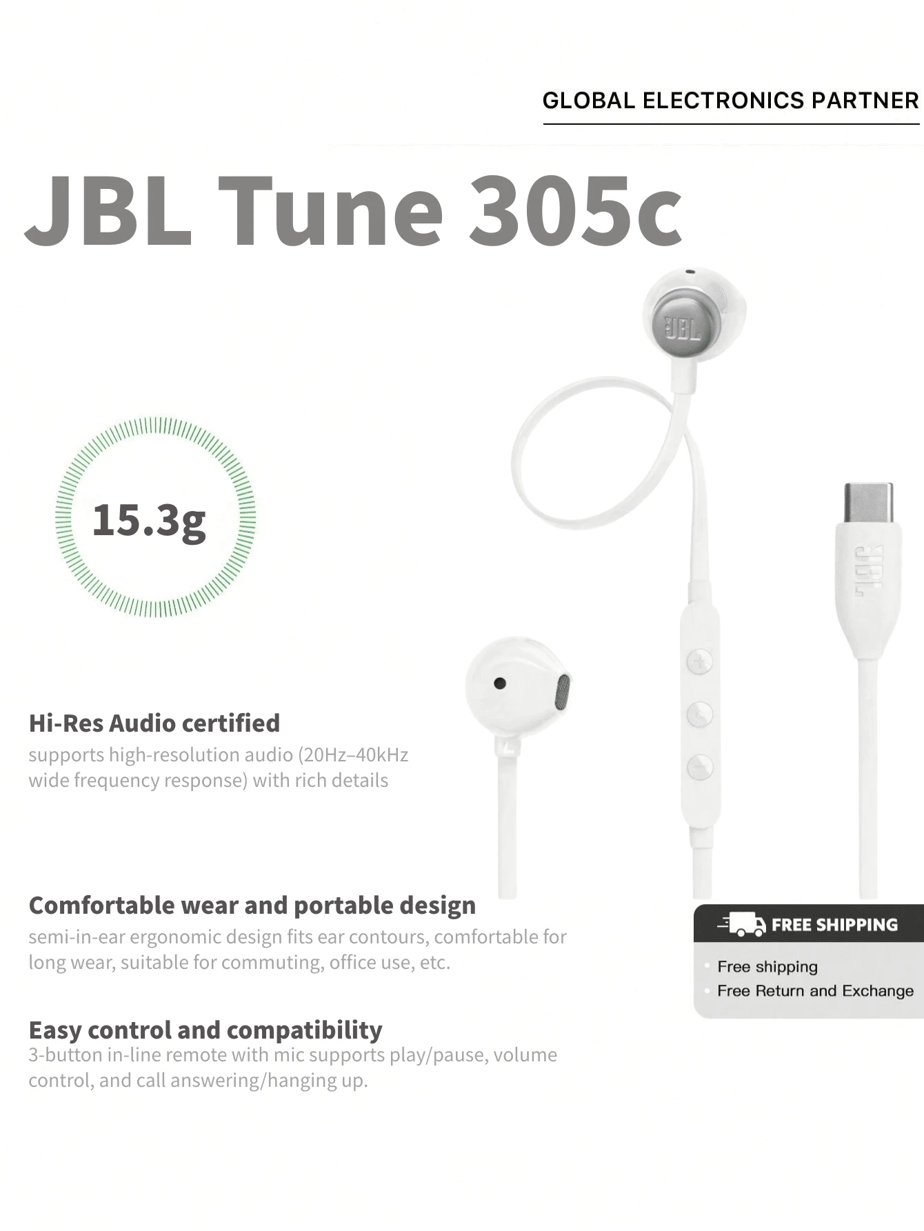 JBL Auriculares con cable TUNE 305C, interfaz Tipo-C, auriculares semi-intraaurales, auriculares para computadora, regalo perfecto para el Día de la Mujer, conexión e inicio inmediato para USB-C - Blanco - Ver 1