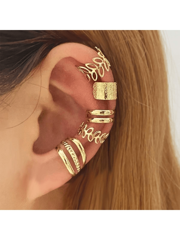 5pcs/Set Simple Fashion Hollow Leaf C-Shape Ear Cuff, Earlobe Earring For Non-Pierced Ears