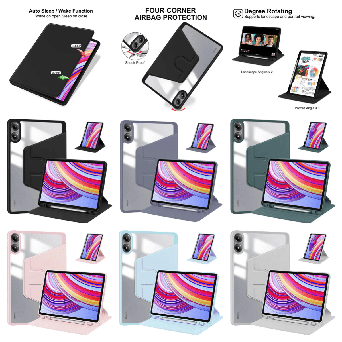 360 Degree Rotating Stand Cover Case For Redmi Pad Pro 12.1 Inch With Pencil Holder, Compatible With Redmi Pad Pro And Poco Pad 12.1 2024 Tablet