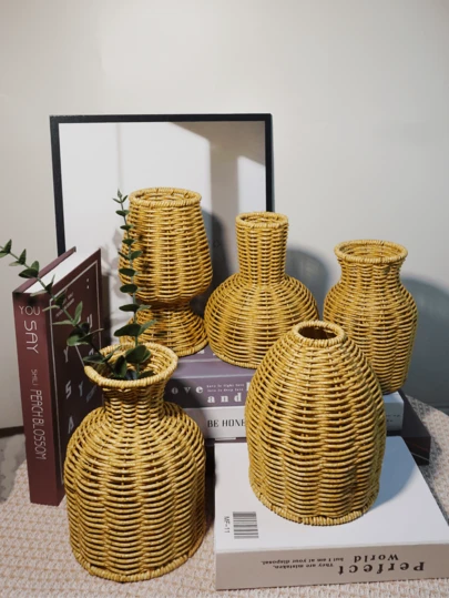 中国手工桌面花瓶，编织装饰花瓶，禅宗风格人造花塑料藤条花瓶