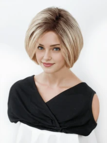 10 Inch Short Ombre Golden Bobbed Wig With Bangs, Straight Hair With Layered Cut, Suitable For Women, Girls, Ladies Daily Wear - Multicolor - View 5