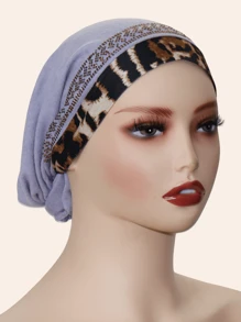 1pc Women's Elastic Knit Leopard Print Trim Splicing Soft Headband With Rhinestone Decor, Fashionable Headwear For Daily Wear, All Seasons