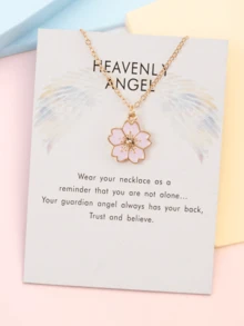 1pc Fashionable Versatile Pink Floral Oil Drop Pendant Necklace, Suitable For Gift With Card Package - Pink - View 1