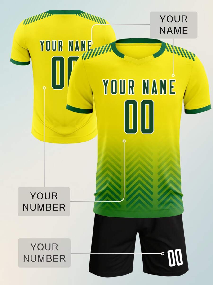 Camiseta de fútbol personalizada para hombres con nombre de equipo y número personalizados, tela ligera y cómoda, camiseta de transferencia de calor, camiseta con degradado amarillo y verde - Amarillo - Ver 1