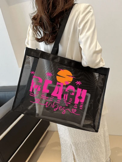 升级版透气沙滩网眼手提包，椰子树字母印花，大容量休闲手提包女士可折叠单肩手提包适合海滩野餐度假，防水多用途适合少女女大学生，非常适合学校、工作、大学、户外、杂货、旅行、郊游，单肩手提包适合海滩野餐度假