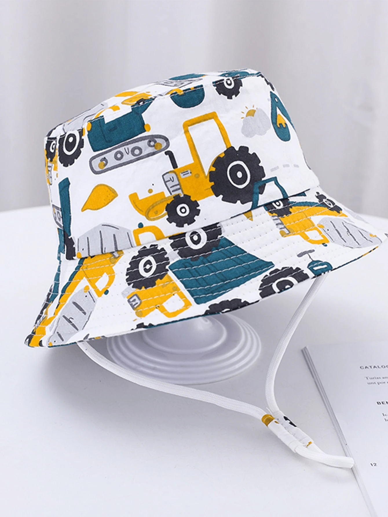 1pc Kids Cartoon Excavator Printed Bucket Hat - White - View 1
