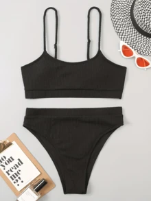 2025 Summer Swimwear: Black Spaghetti Strap Bikini Top And Fixed Beach Shorts 2-Piece Swimsuit Set For Women. Sexy Solid-Colored Bikini In European And American Styles, Suitable For Beachwear, Casual Vacations, Pool Parties