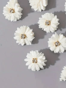 10pcs White Elegant Fabric Flower Hair Clips Set With Rhinestone Decor - Ideal For Party And Everyday - White - View 5