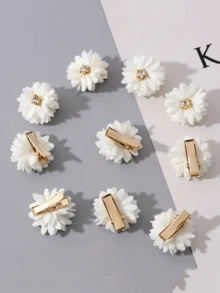 10pcs White Elegant Fabric Flower Hair Clips Set With Rhinestone Decor - Ideal For Party And Everyday - White - View 2