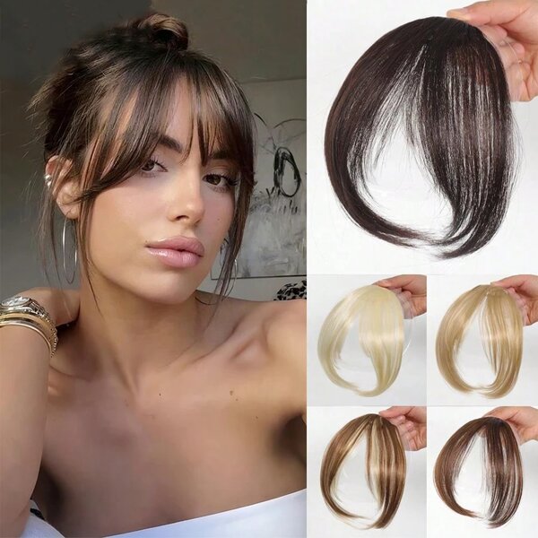 Synthetische Perücke mit Mittelscheitel, Pony-Extensions mit Clip, natürlicher nahtloser französischer schräger Pony in Form eines Acht-Zeichens