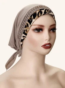 1pc Women's Elastic Knit Leopard Print Trim Splicing Soft Headband With Rhinestone Decor, Fashionable Headwear For Daily Wear, All Seasons
