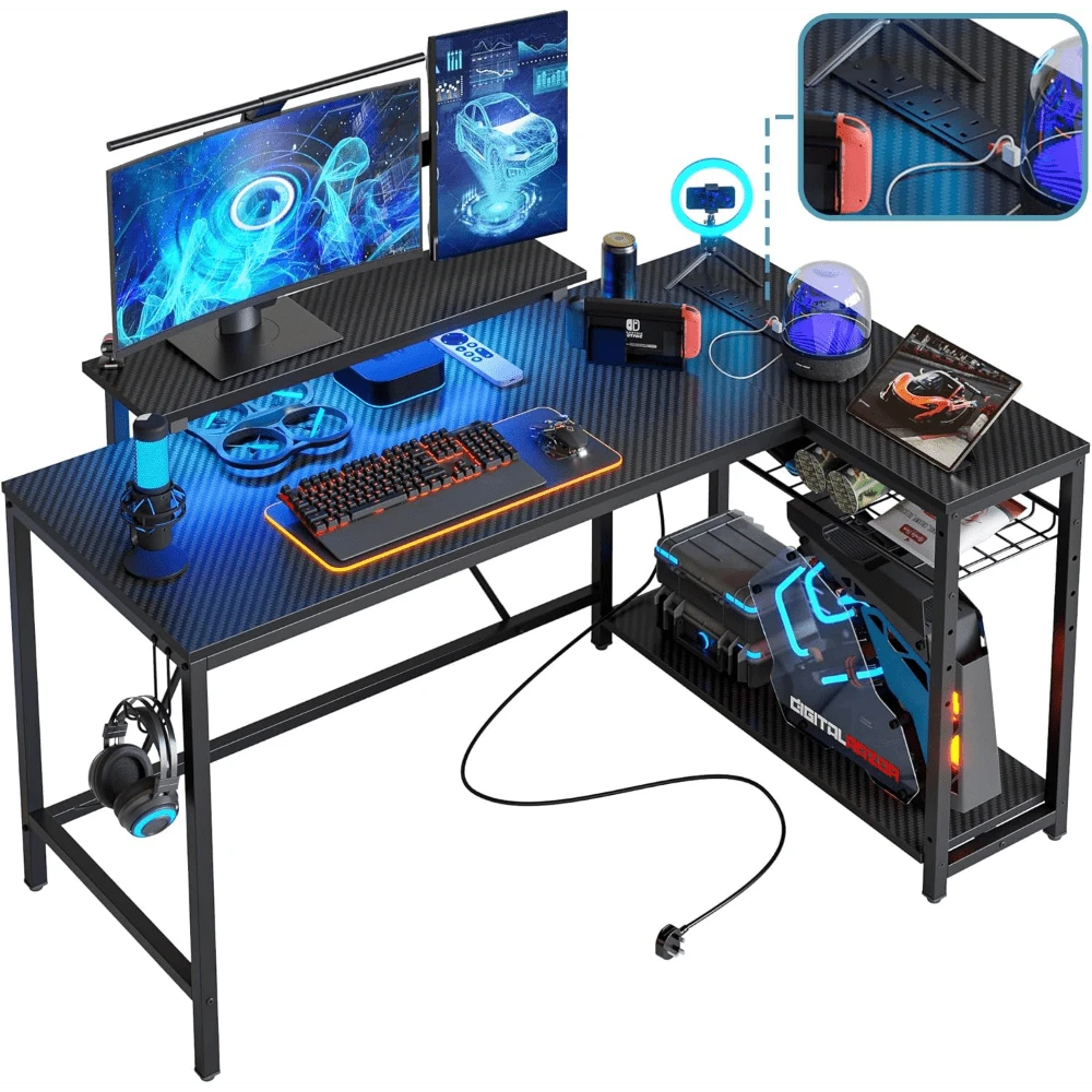 2025-NEWLights Compact Corner Desk With Shelves Reversible Computer Desk With Hooks For Home Office Bedroom Small Space 106.5CM - 132.5CM - View 1