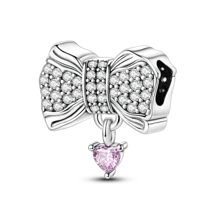 1 pingente de laço rosa prateado, pingente em forma de borboleta incrustado com zircônia cúbica, pingente de borla em forma de coração, adequado para pulseiras, joias faça você mesmo, joia de presente em estilo doce para mulheres