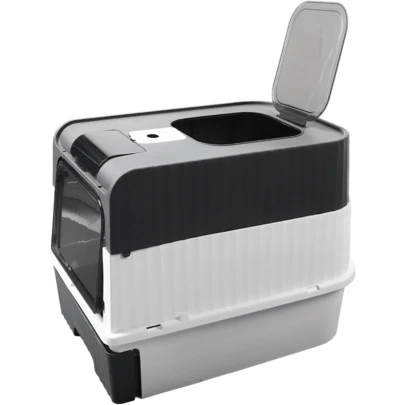 Replace The Litter Box With A Grayish White OneLarge Cat Litter Box Self Cleaning Pan Drawer Anti-Splashing Cat Potty Tray, It Is Easy To Assemble Or Disassemble. Black/Gray, 48*35*36cm With A Shovel