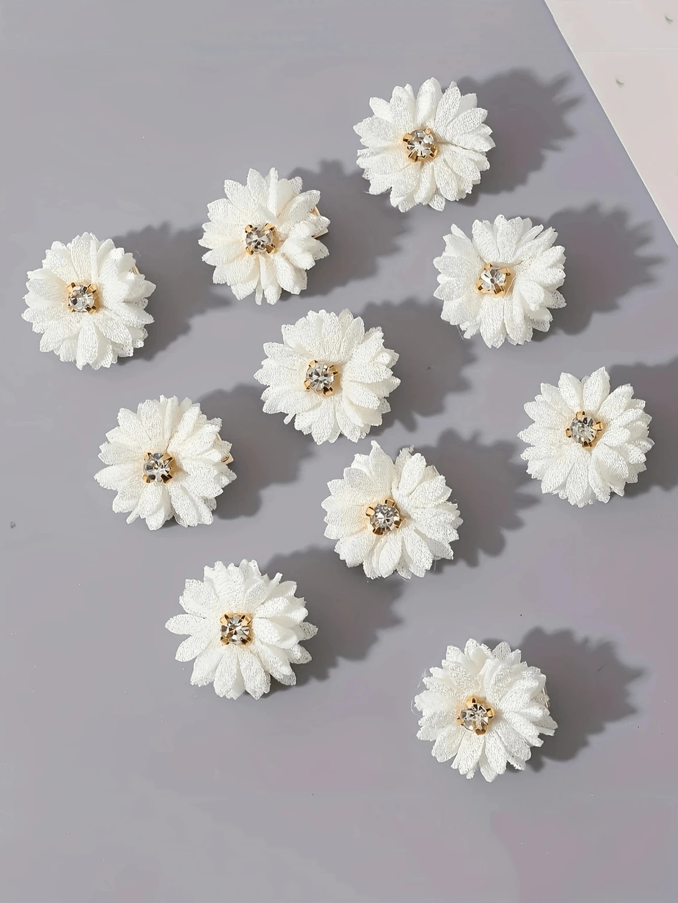 10pcs White Elegant Fabric Flower Hair Clips Set With Rhinestone Decor - Ideal For Party And Everyday - White - View 1
