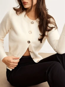 女士优雅休闲针织开衫，时尚通勤开衫，前襟纽扣设计，纯色简约百搭针织开衫，复古风，返校季，女士街头服饰，新年，情人节