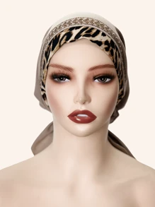1pc Women's Elastic Knit Leopard Print Trim Splicing Soft Headband With Rhinestone Decor, Fashionable Headwear For Daily Wear, All Seasons