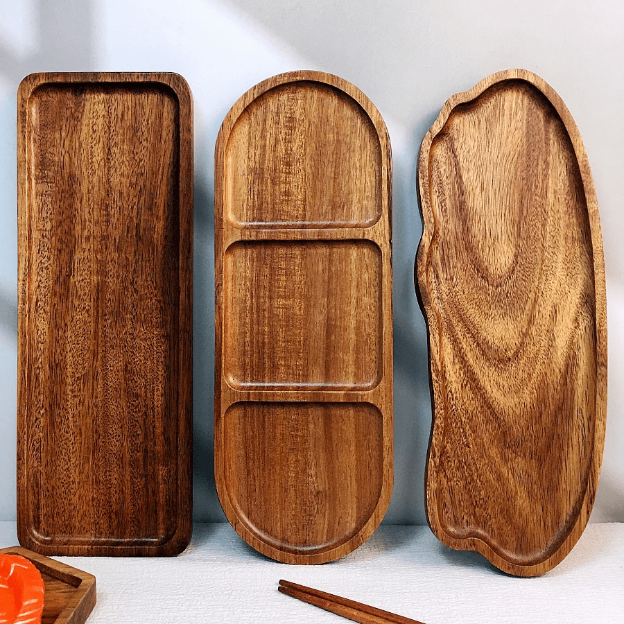 1 pieza Bandeja de madera gruesa y duradera, bandeja multiusos para servir sushi, variedad de formas de bandejas de madera, tabla para queso, adecuada para decoración de mesa en restaurantes, puede contener salmón, postres, pan, sushi, frutas, bocadillos, reutilizable, excelente regalo para Navidad, Pascua, Día de la Madre