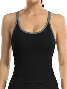 Camiseta Esportiva com Decote Redondo e Cor Sólida para Mulheres, Top Cami Sem Costura para Exercícios