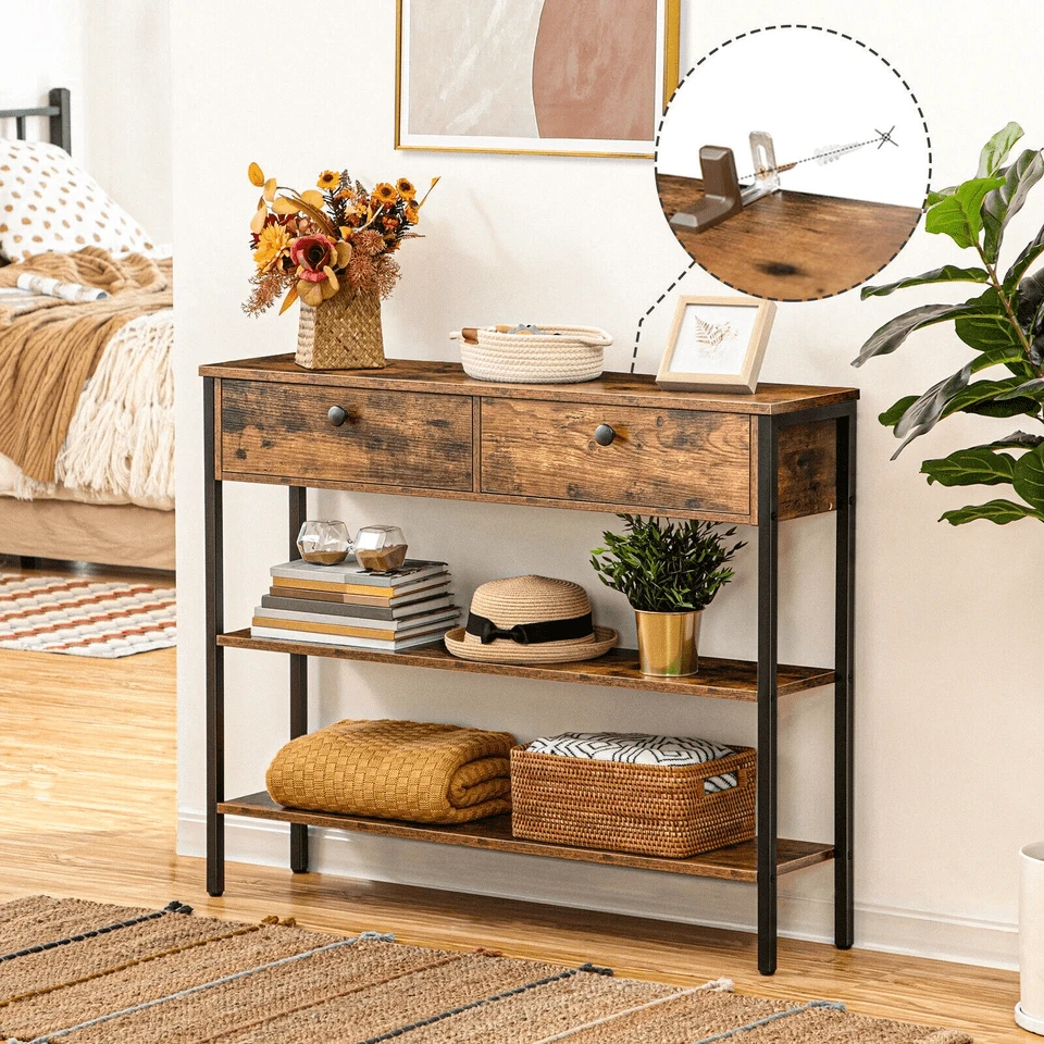 Rustic Brown Modern Console Table With 2 Drawers - Hallway, Sofa, Entryway Storage, Particleboard & Metal Frame, Easy Assembly, 100x24x80cm - Brown - View 1
